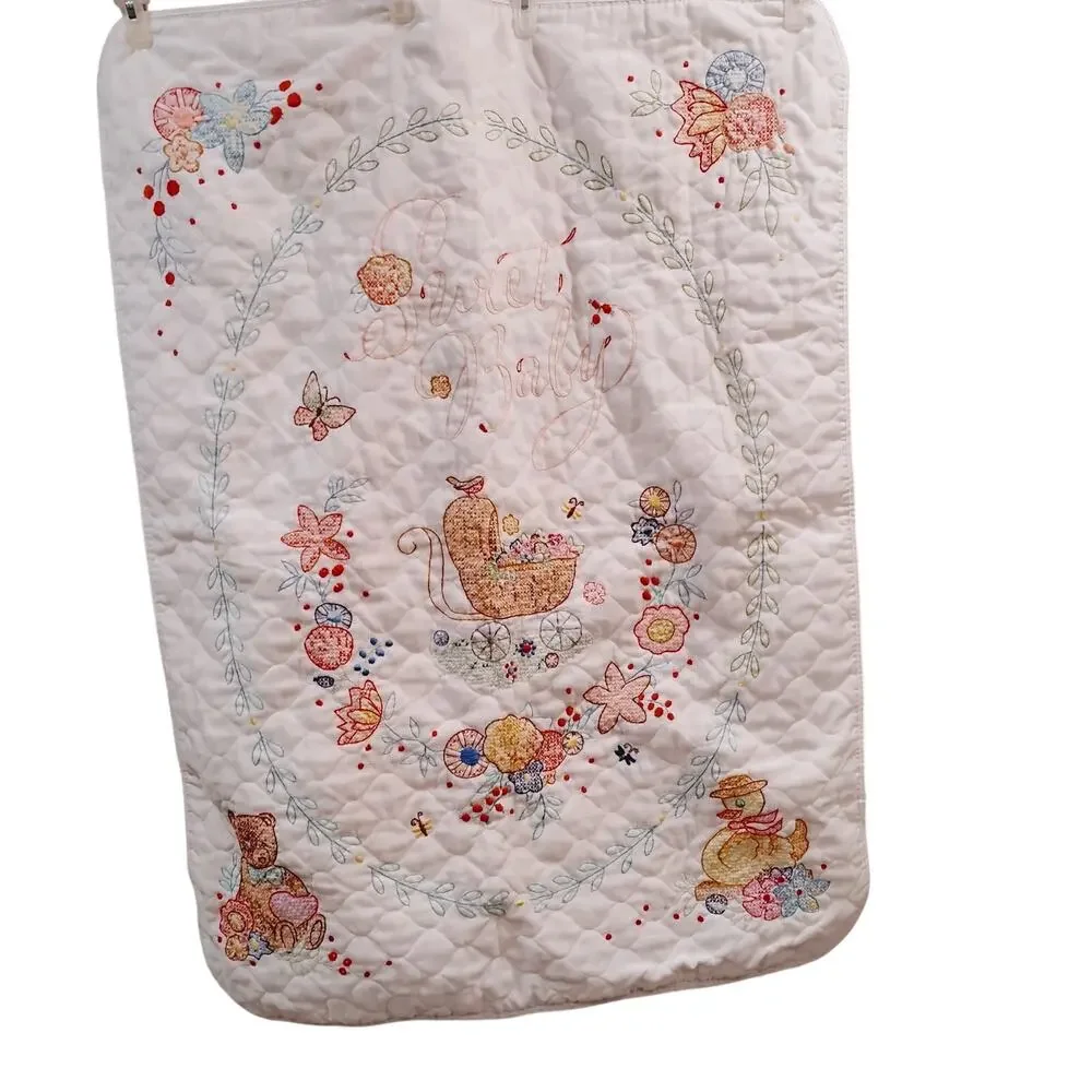 SWEET BABY CRIB BLANKET QUILT COVER EMBROIDERY TEDDYBEAR DUCK CARRIAGE 42.5